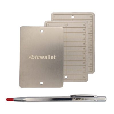 Metalowe płytki Btcwallet Trio 24 Plate do przechowywania 3 seed phrase 89 × 63,5 mm + śruby montażowe + graw. ręczka 2