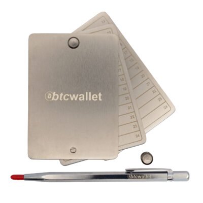 Metalowe płytki Btcwallet Trio 24 Plate do przechowywania 3 seed phrase 89 × 63,5 mm + śruby montażowe + graw. ręczka