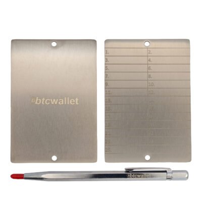 Metalowe płytki Btcwallet Duo 24+1 Plate do przechowywania 2 seed phrase 100 × 70 mm + śruby montażowe + graw. ręczka 2