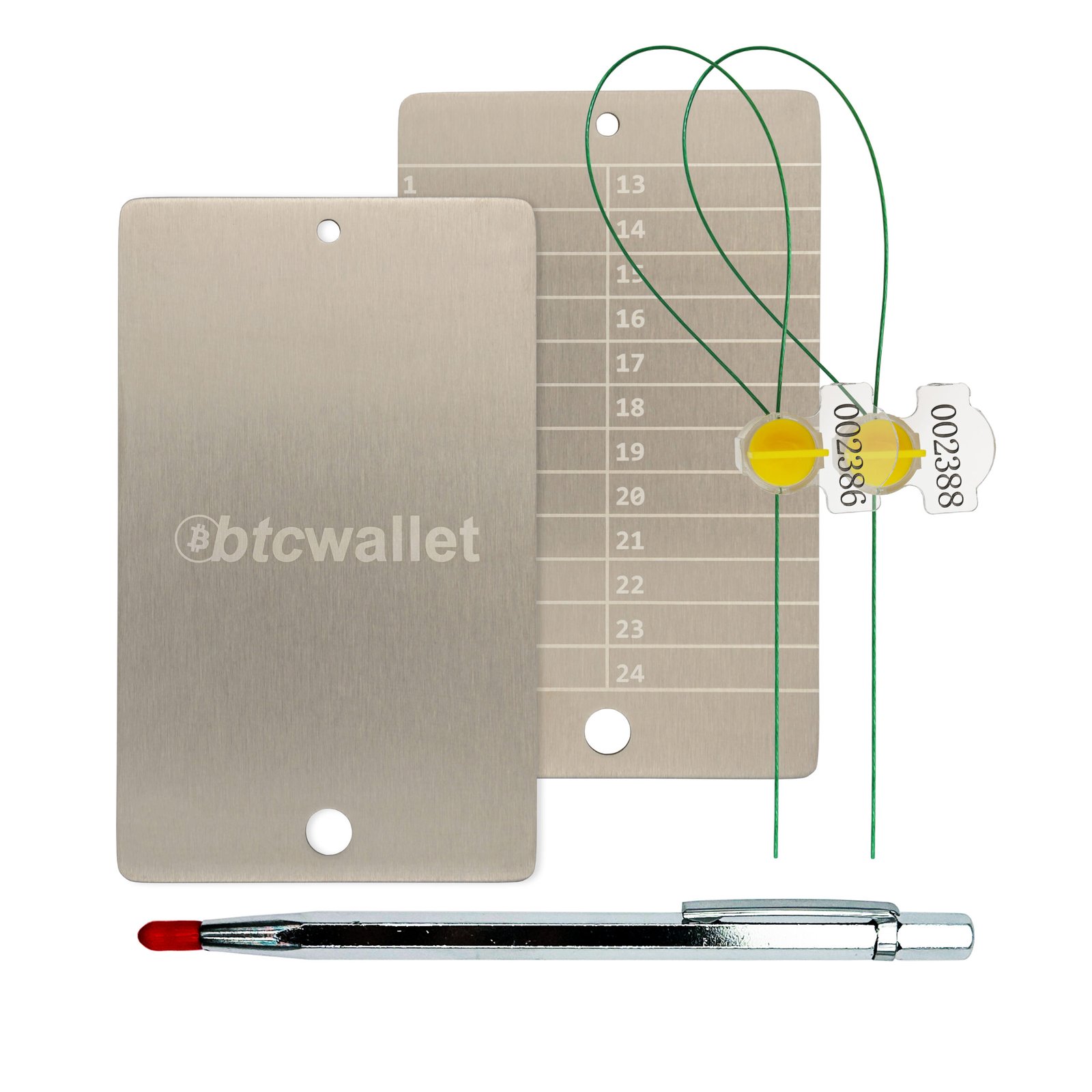Metalowe płytki Btcwallet White Plate with Seals do przechowywania seed phrase 2 szt. + plomby + rysik grawerski Metalowe płytki Btcwallet White Plate with Seals do przechowywania seed phrase 2 szt. + plomby + rysik grawerski