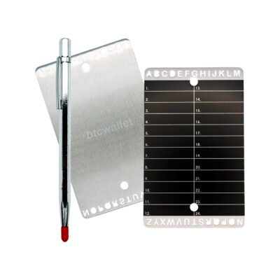 Metalowe płytki Btcwallet Plate do przechowywania seed phrase, 2 szt. + rączka do grawerowania 73×117 mm
