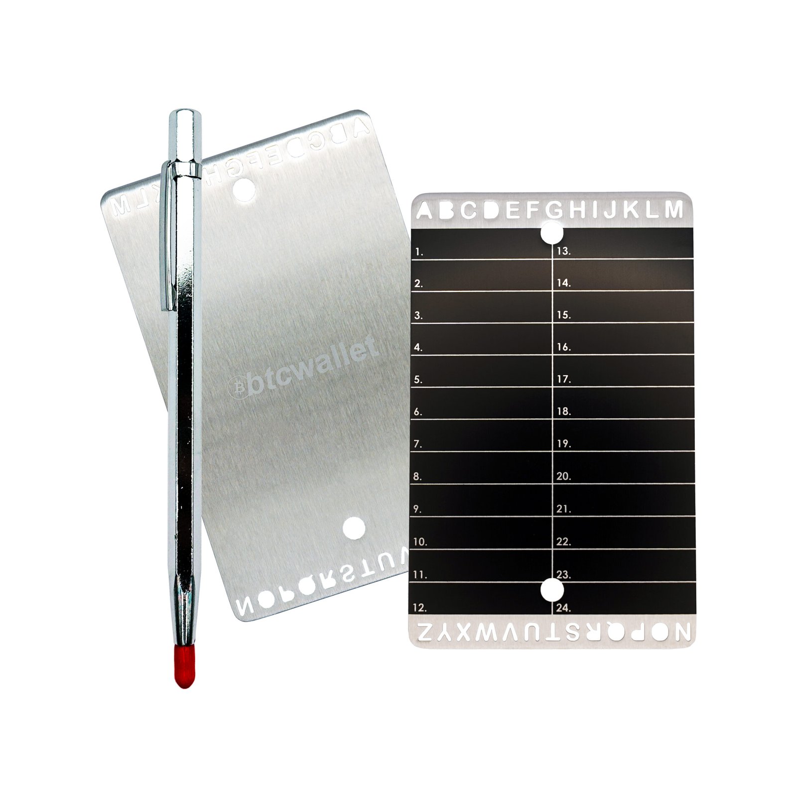 Metalowe płytki Btcwallet Plate do przechowywania seed phrase, 2 szt. + rączka do grawerowania 73×117 mm Metalowe płytki Btcwallet Plate do przechowywania seed phrase, 2 szt. + rączka do grawerowania 73×117 mm